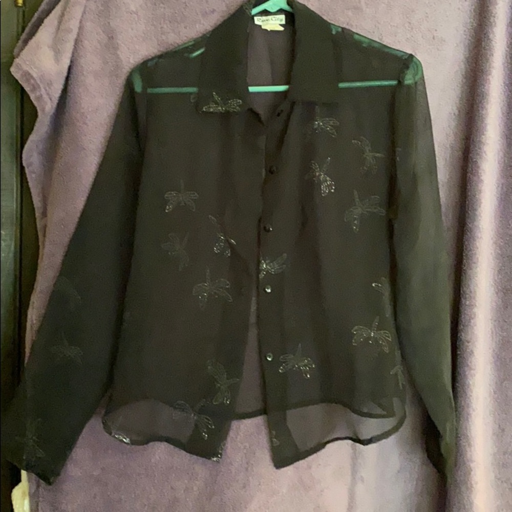 Black sheer button down with silver dragonflies